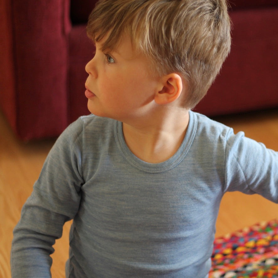 Hocosa Child Long Sleeve Shirt, Wool/Silk, Sea Blue and Blue Jean
