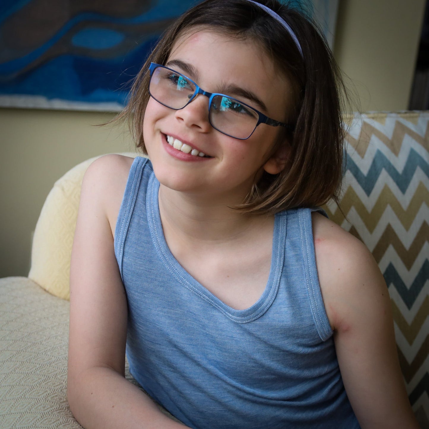 Hocosa Child Sleeveless Shirt, Wool/Silk, Sea Blue and Blue Jean