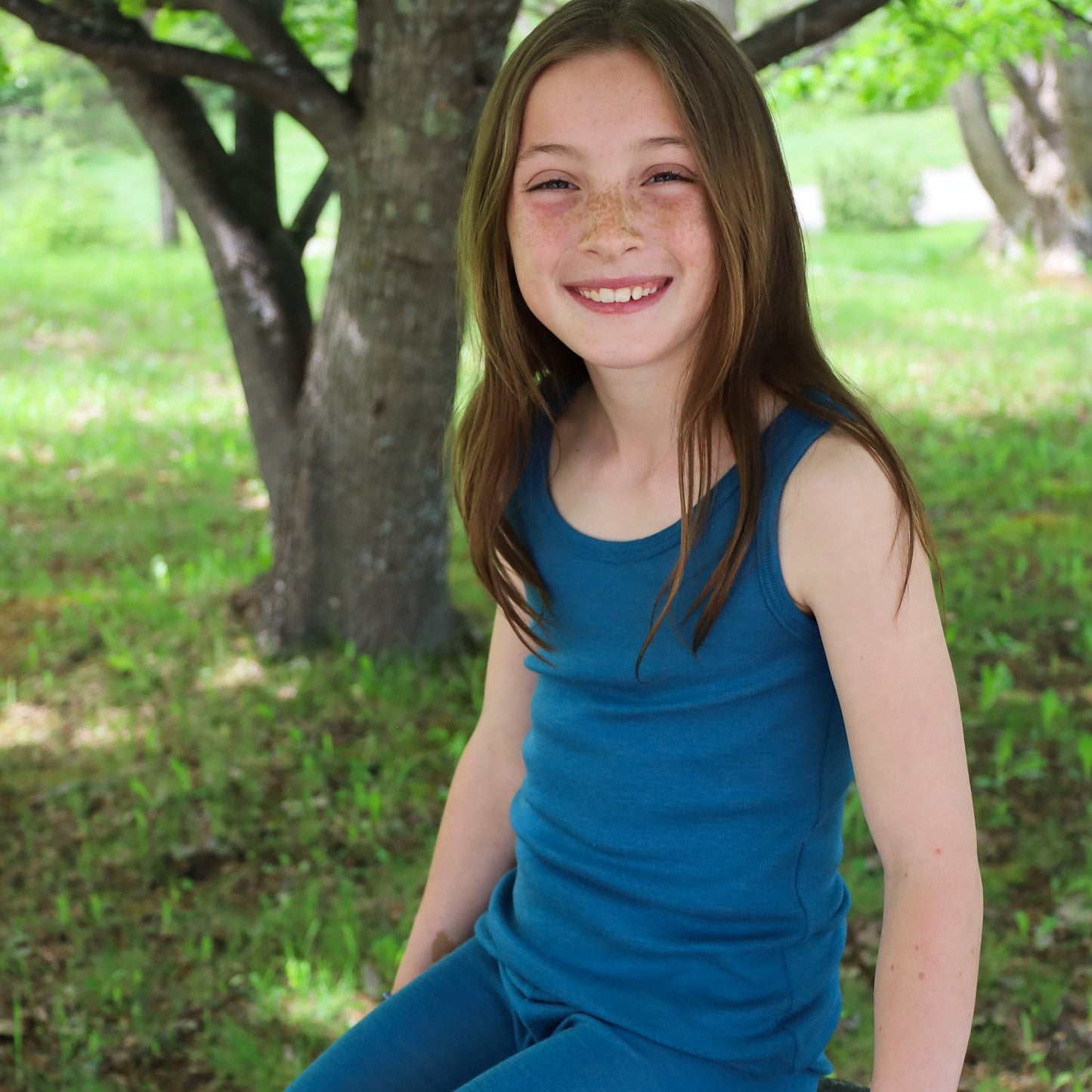 Hocosa Child Sleeveless Shirt, Wool/Silk, Sea Blue and Blue Jean