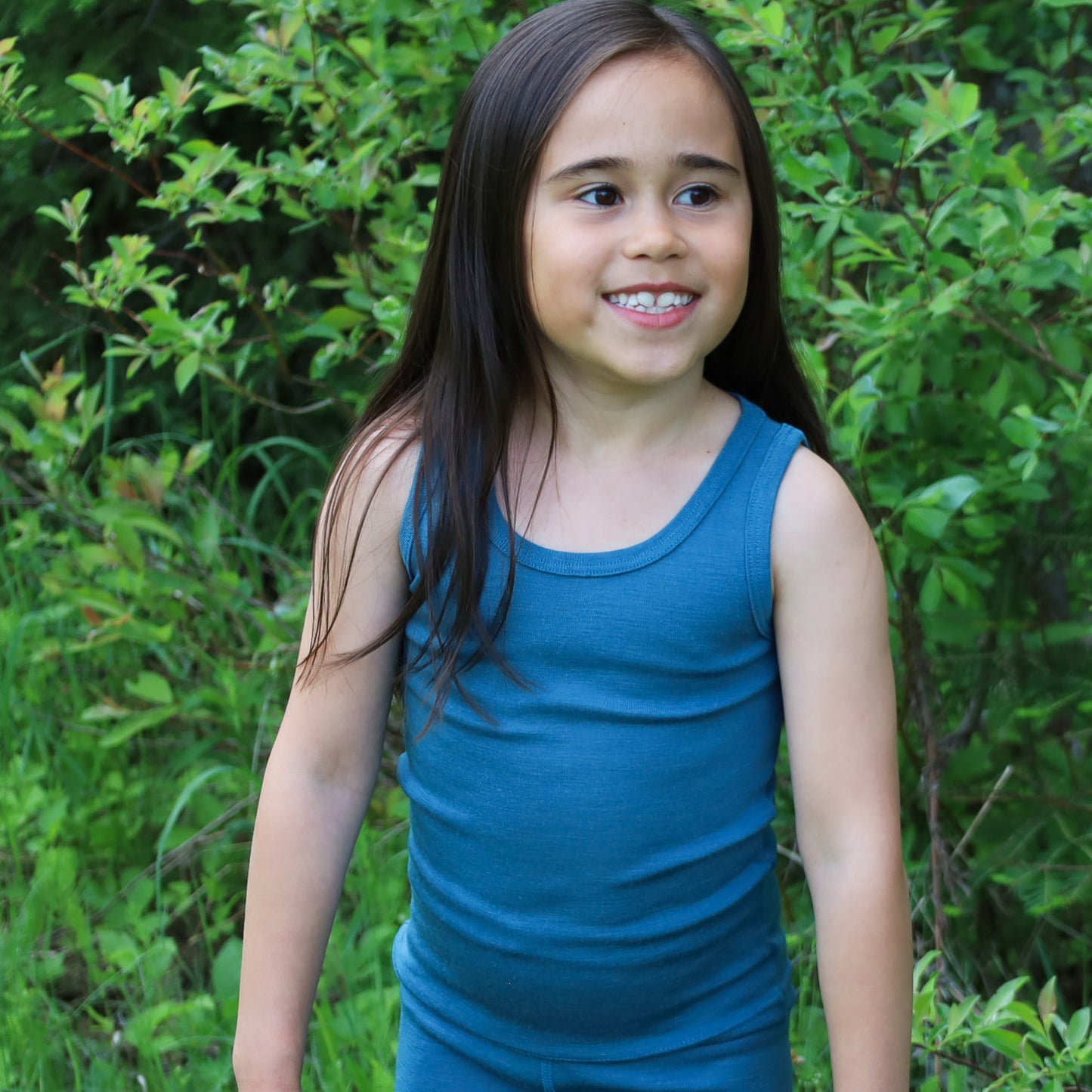 Hocosa Child Sleeveless Shirt, Wool/Silk, Sea Blue and Blue Jean