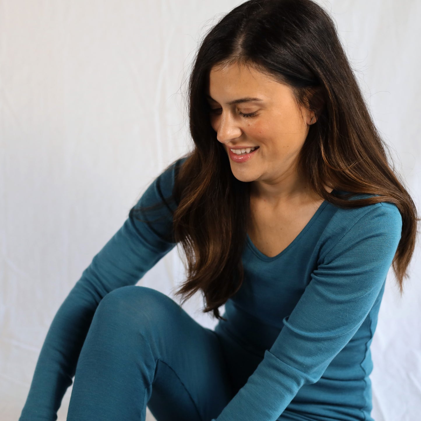 Hocosa Women Long Sleeve Shirt Round Neck, Wool/Silk, Sea Blue