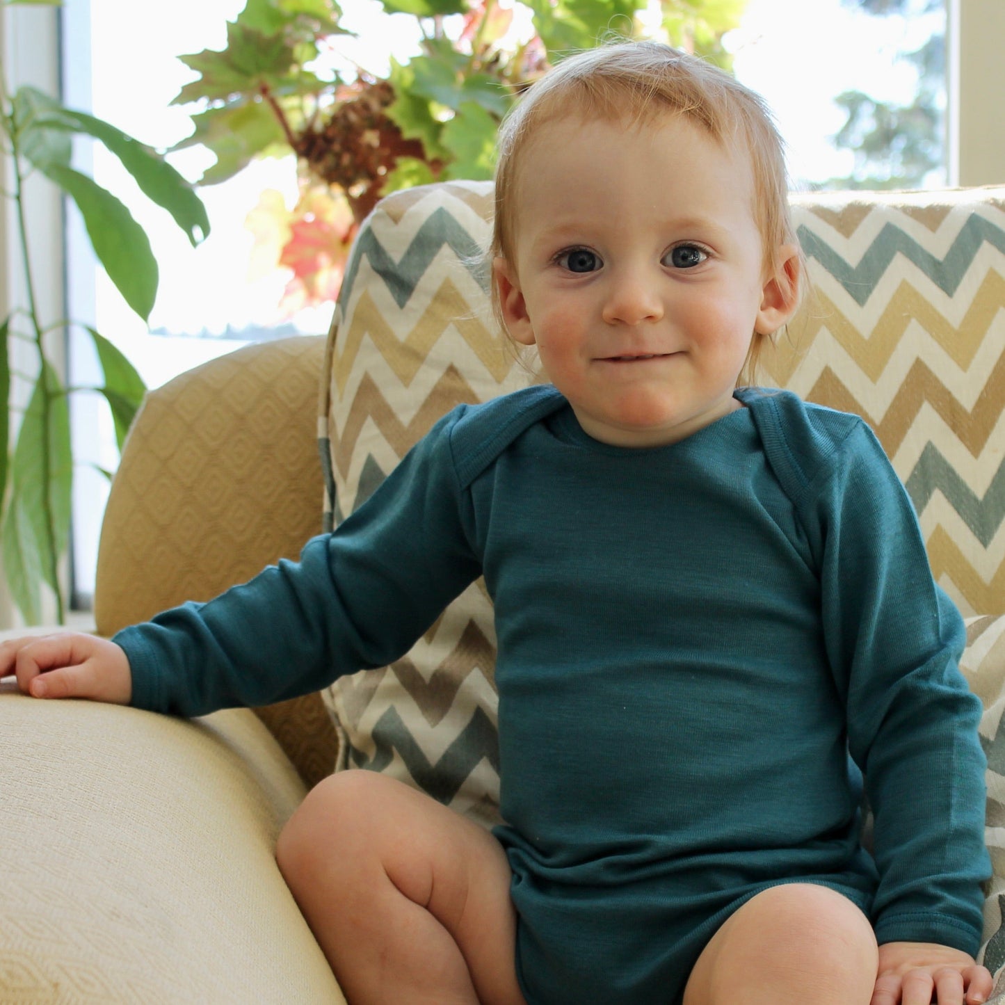 Hocosa Baby/Toddler Onesie Long Sleeve, Wool/Silk, Sea Blue and Blue Jean