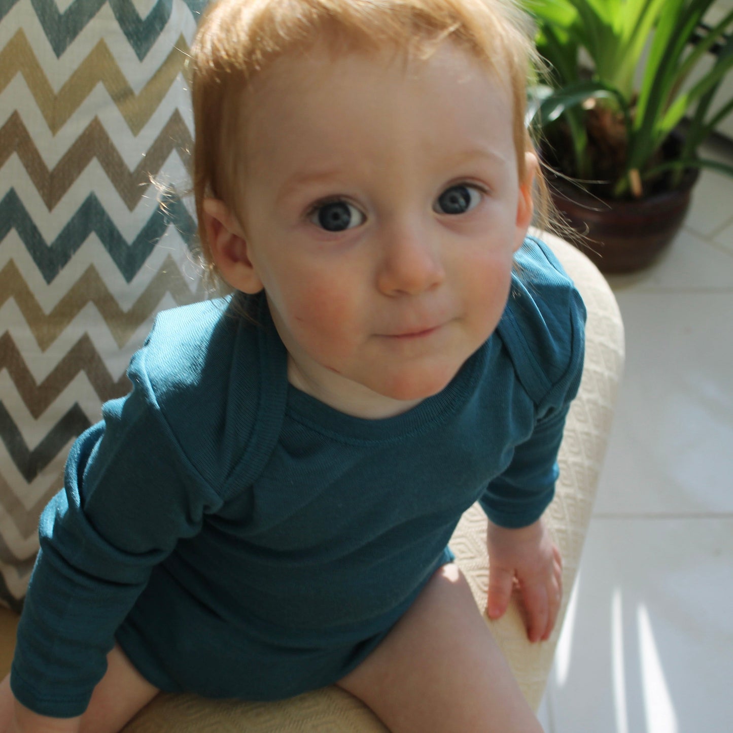 Hocosa Baby/Toddler Onesie Long Sleeve, Wool/Silk, Sea Blue