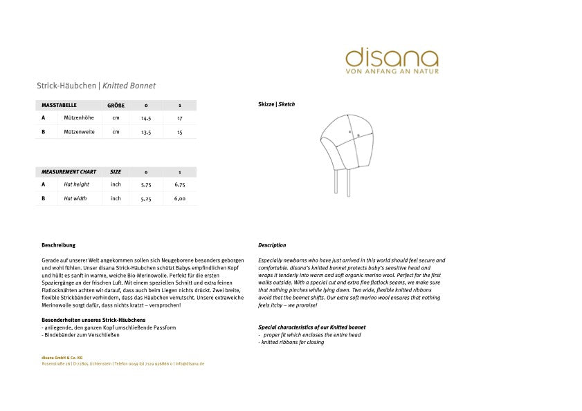 Bonnet pour bébé Disana, laine mélangée tricotée