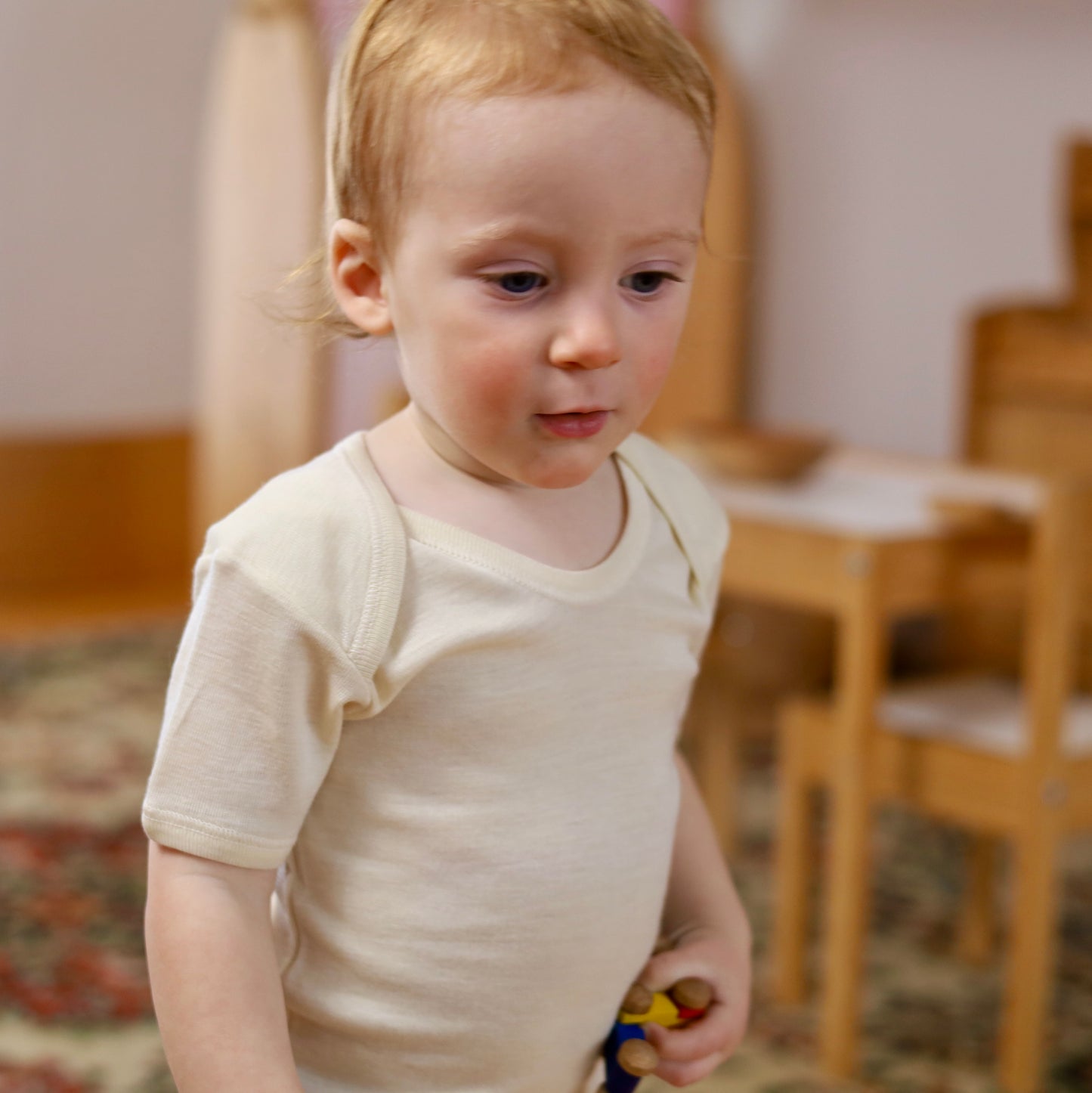 Hocosa Chemise à manches courtes pour bébé/tout-petit, laine/soie, naturel
