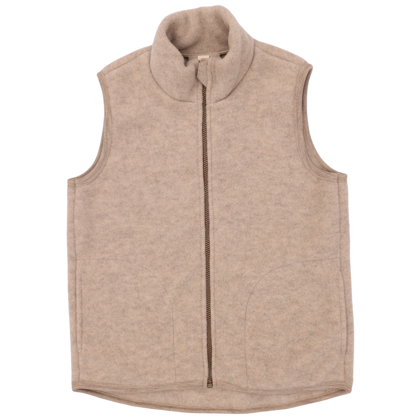 A beige women's fleece vest with a relaxed fit and zipper closure, displayed against a solid background.