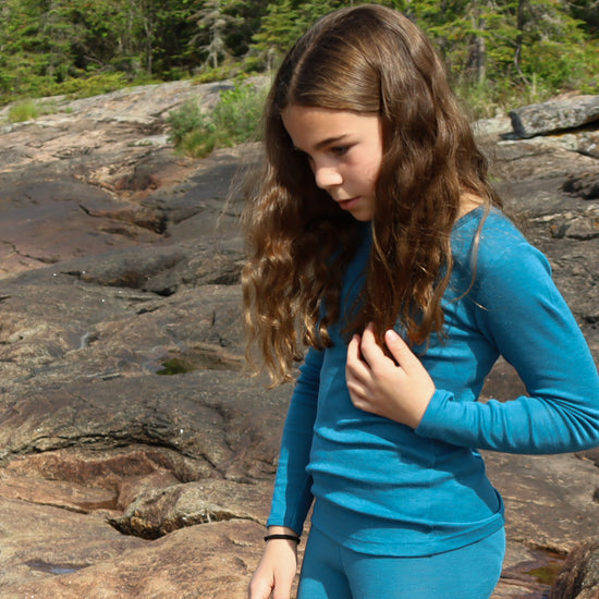 Hocosa Child Long Sleeve Shirt, Wool/Silk, Sea Blue and Blue Jean