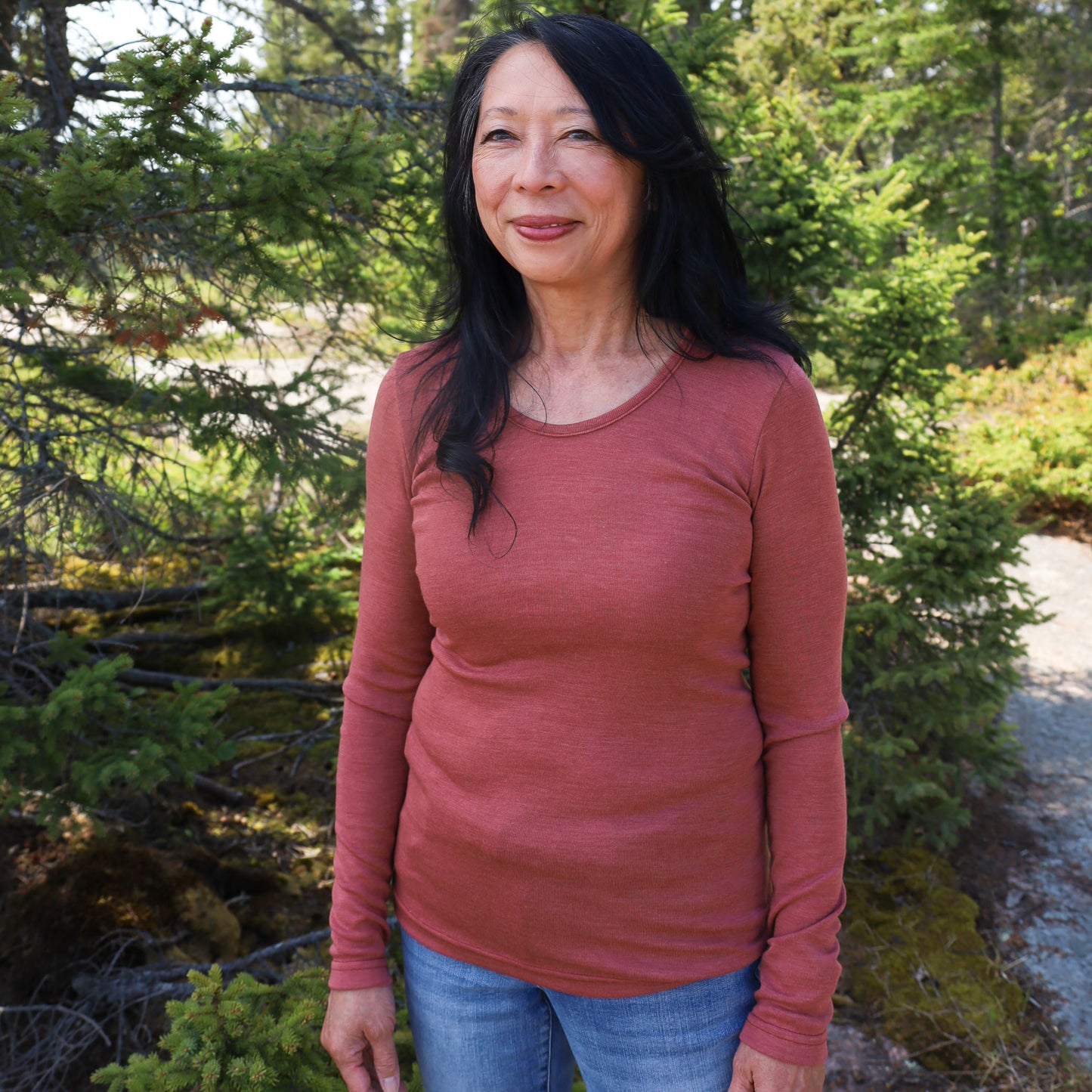 Engel Chemise à manches longues pour femme avec col rond, laine mérinos/soie