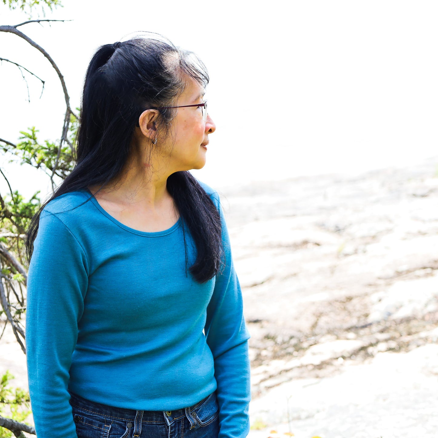 Hocosa Women Long Sleeve Shirt Round Neck, Wool/Silk, Sea Blue