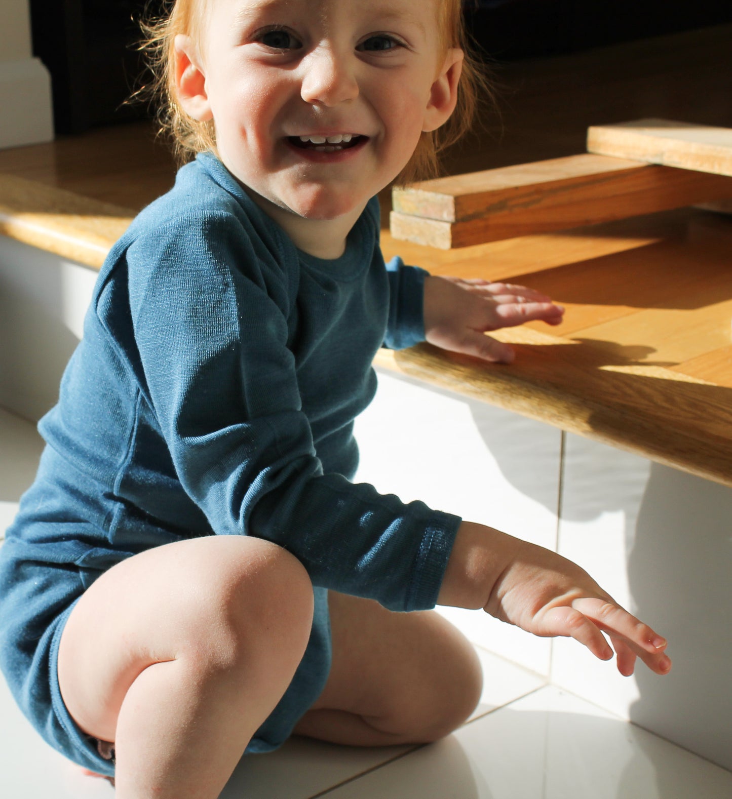 Hocosa Baby/Toddler Onesie Long Sleeve, Wool/Silk, Sea Blue and Blue Jean