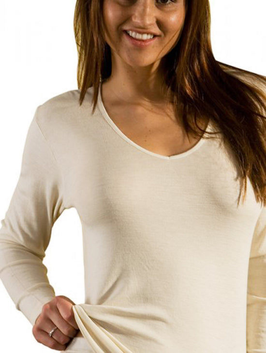Hocosa Women Long Sleeve Shirt with V-neck, Wool/Silk, Natural